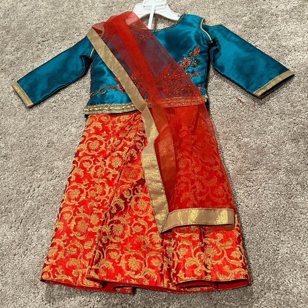 Blue and Red Pattu Langa